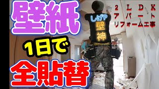 弟子をあおりながら1日で、２LDKアパートの天井と壁クロスを全部貼替える！ 壁紙 クロス diy [upl. by Anawal]