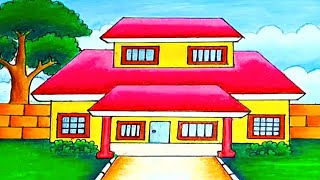 House drawing  house drawing easy with color  beautiful house drawing easy step by step [upl. by Erie]