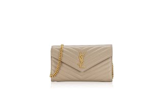 Saint Laurent Grain De Poudre Matelasse Monogram 22cm Chain Wallet Beige [upl. by Wilma207]