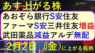 あす上がる株 2024年２月２日（金）に上がる銘柄 ～最新の日本株での株式投資。初心者でも。 三井住友FG、武田薬品、中外製薬、あおぞら銀行、住友ファーマ、アルデプロ、エムスリーの決算速報 ～ [upl. by Atsyrhc]