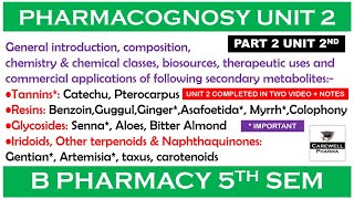 Part 2 Unit 2 completed  Pharmacognosy 5th sem  Tannins Resins Glycosides Iridoids etc [upl. by Eiggep]