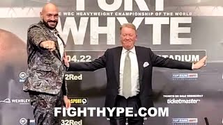 TYSON FURY FACES OFF WITH NOSHOW DILLIAN WHYTE MOCKS HIM amp SIMULATES STAREDOWN [upl. by Sulamith426]