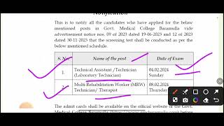 GMC Baramulla Exam notice  Technical Assistant Laboratory technicianMulti Rehabilitation worker [upl. by Enoyrt]