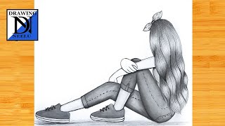 How to draw a easy sitting Girl Very easy drawing  Pencil sketch tutorial  Girl drawing [upl. by Acirea]