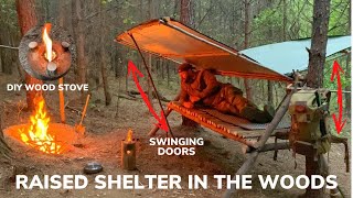 Solo Overnight Building a Raised Shelter With Pivoting Doors In The Woods and Bacon Ribeye Skillet [upl. by Blight649]