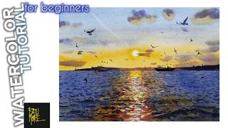 How to Paint landscape for Beginners  Sunrise Seascape I Watercolor painting I [upl. by Monie]