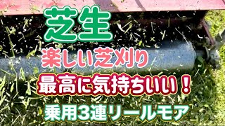 ［芝生］乗用芝刈り機3連リールモアで刈り込みをする。楽しい。最高に気持ち良い。刈り込みしたいのが芝生育成の理由。仕事と考えない。刈り込みは趣味。楽しく刈り込みライフ。芝生 芝刈り機 [upl. by Kilah963]