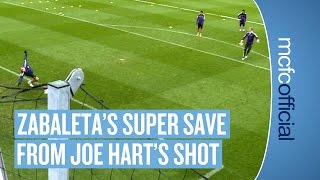 ZABALETA SAVES Pablo Zabaletas Super Save from Joe Harts Shot  Man City Training [upl. by Llemor779]