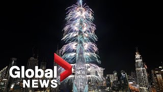 New Years 2022 Dubai puts on dazzling fireworks laser show at Burj Khalifa [upl. by Dotti]