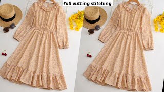 frill layered frock cutting stitching with elastic sleeveswith frill neck easy tutorial [upl. by Bay103]