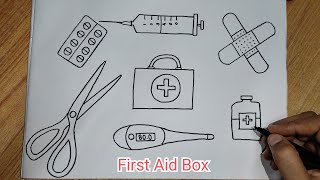 First Aid box drawing  How to draw Injection Tablets Medicine scissor BandAid [upl. by Nelyak231]