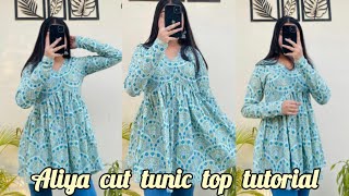 Alia Cut Tunic Top Cutting and StitchingShort Style KurtiShort Aliya Cut FrockFull Sleeve Design💙 [upl. by Melinde]