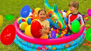 Huge Eggs Surprise Toys Challenge in Kids Pool filled with Balls Outdoor Play [upl. by Elrae]