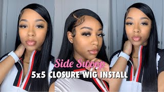 HOW TO MAKE YOUR 5x5 CLOSURE LOOK LIKE A FRONTAL  SIDE SWOOP BANG WIG INSTALL  ALI PEARL HAIR [upl. by Essirehs746]