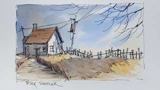 A Pen and Wash Watercolour Fall Twilight Shadow Demonstration using only 3 colors [upl. by Damian]