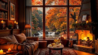 Cozy Autumn Cabin Ambience in the Forest 🍂 Gentle Jazz amp Rain Sounds to Relax Study amp Work [upl. by Nedloh]