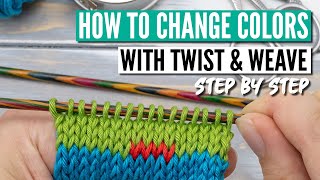 How to change colors in knitting using the twist and weave method [upl. by Zanze]