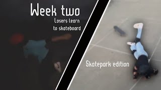 First time at a SKATEPARK  LOSERS learn to skateboard WEEK 2 beginner progression [upl. by Annaiuq]