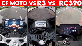 CF MOTO 450SR VS R3 VS RC 390  0 TO 100  TOPSPEED [upl. by Melliw185]