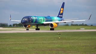 Stunning IcelandAir Hekla Aurora Special Visits Manchester Airport ✈️💛 [upl. by Shepley872]