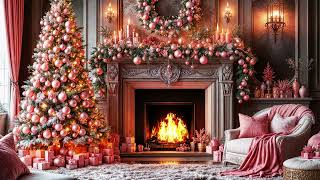 4K Pink Christmas Luxury Fireplace Crackling Fire  Luxury Christmas  Christmas Ambience [upl. by Tenner281]