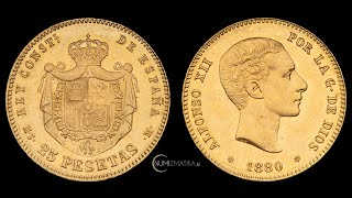 Spain  Kingdom 25 PESETAS 1880  900 Au  ALFONSO XII [upl. by Roseann354]