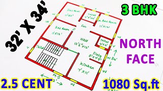 north face house plan 1080 Sqft plan 25 cent house plan north facing vastu plan 3BHK 3422 [upl. by Adeys260]