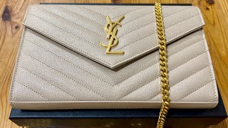 YSL Classic CASSANDRE Chain Wallet in Grain de POUDRE Leather 2024  Dark Beige Unboxing [upl. by Chamkis]