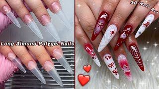 LONG ALMOND POLYGEL NAILS❤️ 3D NAIL ART amp EASY POLYGEL APPLICATION  Nail Tutorial [upl. by Enyawad]