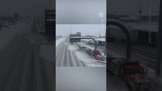 Trio of Snowplows Quickly Clears Heavy Snow From Highway [upl. by Orman909]