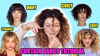 HAIRSTYLISTS GUIDE TO CUTTING YOUR OWN CURTAIN BANGS ON CURLY HAIR [upl. by Ardna]