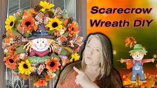 Fall Scarecrow Wreath DIY Dollar Tree Fall DIY Deco Mesh Scarecrow Wreath Tutorial No Fray Wreath [upl. by Godric]