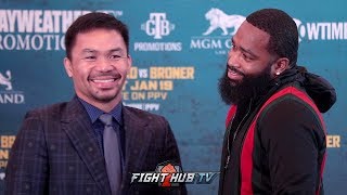 MANNY PACQUIAO HAS AWKWARD FACE OFF WITH ADRIEN BRONER IN LOS ANGELES [upl. by Ninahs]