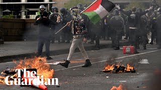 Fires smoke grenades and pepper spray weapons expo protesters clash with police [upl. by Nus609]