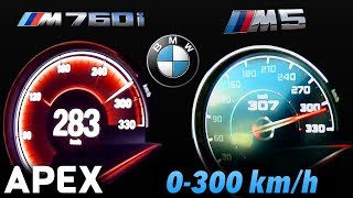 2018 BMW M5 vs BMW M760Li  Acceleration Sound 0100 0300 kmh  APEX [upl. by Asilef]