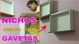 DECOREI MEU QUARTO COM NICHOS FEITOS DE GAVETAS DE GUARDA ROUPA DIY [upl. by Adnamahs]