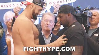 TYSON FURY amp DILLIAN WHYTE PUT HANDS ON EACH OTHER FOR A SQUEEZE FRIENDLY BANTER AT FINAL FACE OFF [upl. by Razec]