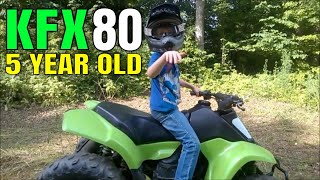 5 Year Old Wheelies And Jumps On His Kawasaki Kfx80 Atv Quad [upl. by Ahsinod]