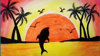 How to draw an aesthetic sunset scenery  Easy Drawing [upl. by Beffrey]