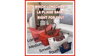 LONGCHAMP REVIEW  BAG COMPARISONS  FOUR DIFFERENT SIZES  SMALL MEDIUM LARGE amp POUCH [upl. by Laith]