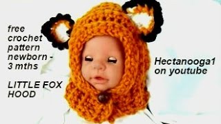 Fox Hat Hood Free Crochet Pattern newborn to 3 months [upl. by Doownyl]