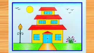 Triple level house drawing  easy house drawing  How to draw landscape very easy step by step [upl. by Cohette]