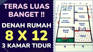 Denah Rumah Minimalis 3 Kamar Tidur Ukuran 8x12 Dengan Teras Luas [upl. by Atsirc]