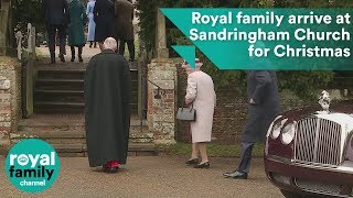 Queen and royal family members arrive at Sandringham Church on Christmas Day [upl. by Airyt]