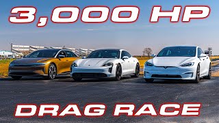 WORLDS QUICKEST SEDANS  3000 HP Race  Lucid Air vs Taycan Turbo S vs Tesla Plaid DRAG RACE [upl. by Seligmann774]