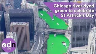 Chicago river dyed green to celebrate St Patricks Day [upl. by Nnairam]