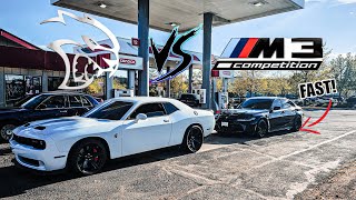 2024 BMW M3 COMP G80 vs 2022 CHALLENGER HELLCAT ROLL RACE [upl. by Adnirual857]