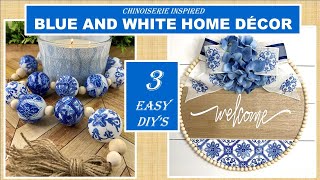 BEAUTIFUL BLUE AND WHITE HOME DECOR  3 EASY DIYs  CHINOISERIE WOOD WREATH  BEAD GARLAND 2021 [upl. by Nellad]