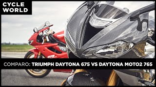 Triumph Daytona 675 vs Daytona Moto2 765  Comparison [upl. by Ancelin70]