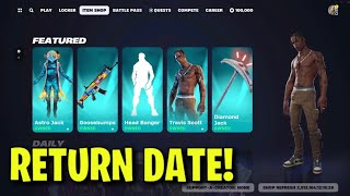 TRAVIS SCOTT SKIN RETURN DATE in FORTNITE ITEM SHOP Travis Scott Skin Returning 2024 [upl. by Yesnil]